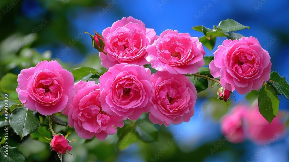 Vibrant Pink Roses in Full Bloom Against a Bright Sky Vibrant Pink Roses in Full Bloom Against a Bright Sky