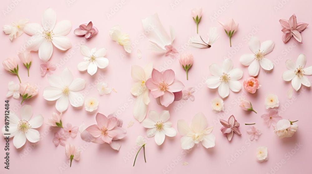 A delicate arrangement of pink and white flowers in various stages of bloom, set against a soft, pastel background. A delicate arrangement of pink and white flowers in various stages of bloom, set against a soft, pastel background.