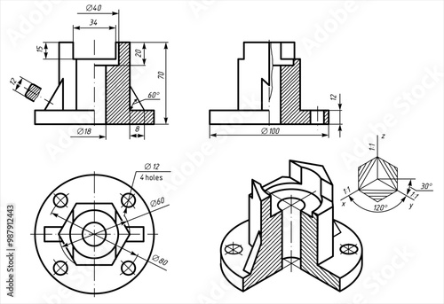 Vector drawing of steel cast mechanical part with through holes
and dimension lines.
Engineering computer cad scheme. Technical template 
on white sheet of paper. 3d model.