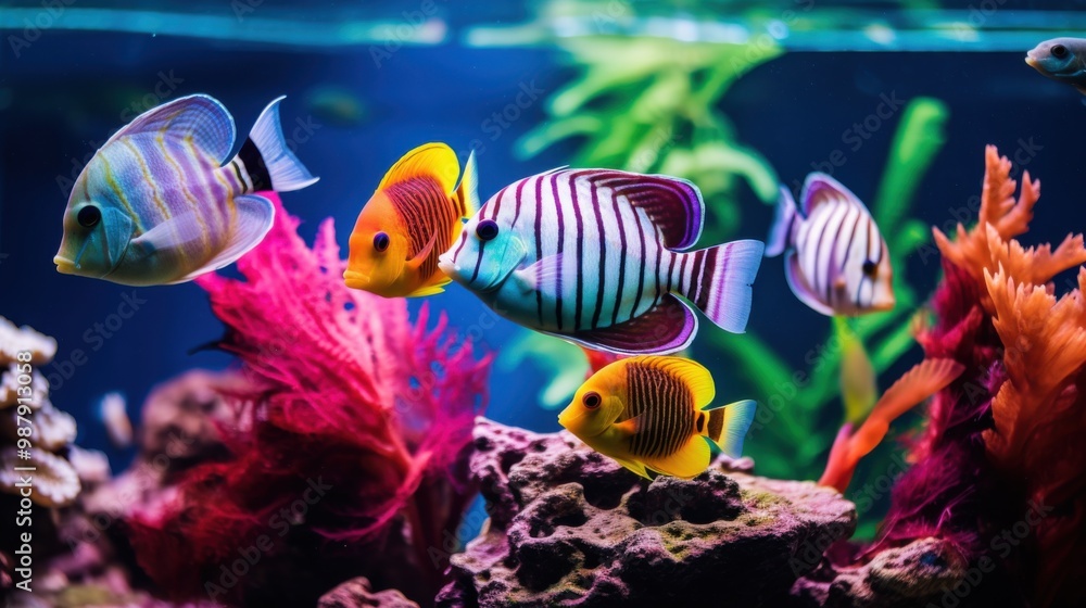 Naklejka premium Glowing tropical fish swim in a colorful aquarium filled with vibrant coral and aquatic plants, creating an enchanting underwater scene.