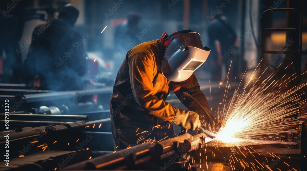 Industrial workers in protective gear focus on their tasks amidst flying sparks in a dimly lit factory, showcasing their skill and dedication. Industrial workers in protective gear focus on their tasks amidst flying sparks in a dimly lit factory, showcasing their skill and dedication.