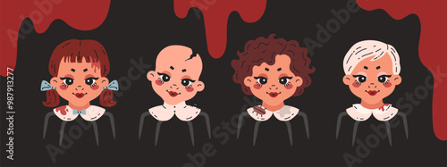 Set of creepy, scary old vintage doll heads on spider legs. Horror film. Flat vector illustration isolated on dark background.