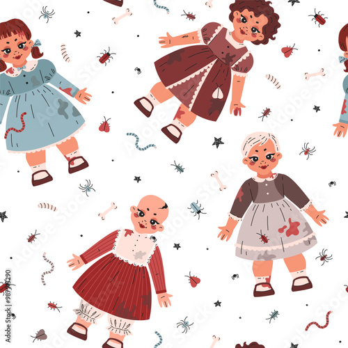 Seamless Pattern of creepy, scary old vintage horror movie dolls. Dolls in a beautiful dirty blue, red, brown dress, covered in blood, with a worm, a spider, a cockroach and a moth. Haloween.