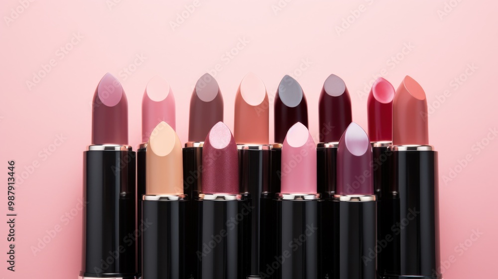 A colorful display of lipsticks in various shades artistically arranged against a soft pink background, showcasing diversity in makeup.