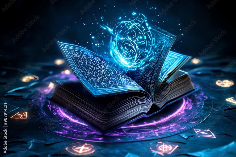 Obraz premium Fantasy cover with an enchanted book, surrounded by magical symbols and glowing runes