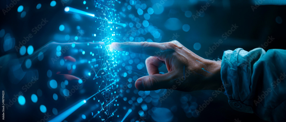 Hand pushing a button on a touch screen interface, depicting interaction and modern technology. Copy space cinematic Hand pushing a button on a touch screen interface, depicting interaction and modern technology. Copy space cinematic