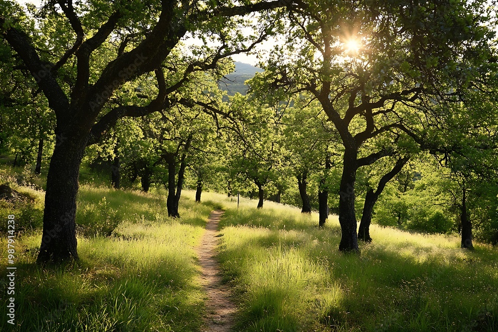 Sunlight shining through trees in a lush green forest with a path leading through. Nature, landscape, and travel concept. Sunlight shining through trees in a lush green forest with a path leading through. Nature, landscape, and travel concept.