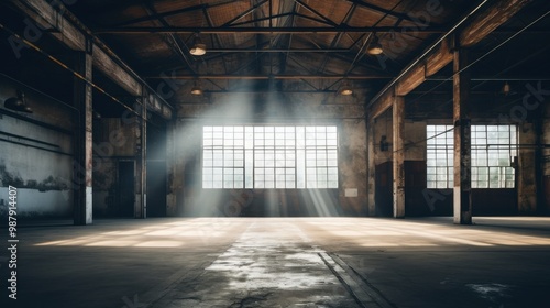 The empty, rustic interior of an industrial warehouse is illuminated by soft, natural light streaming through large windows.