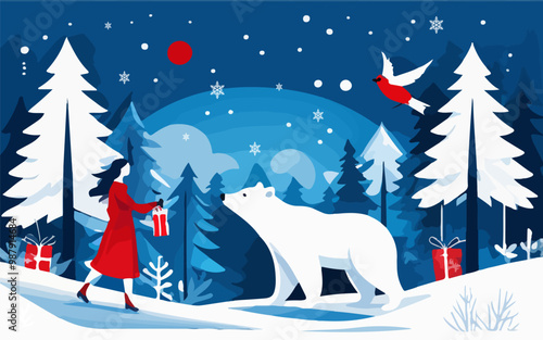 Winter. Cute vector illustration of the Christmas, New Year winter landscape with forest, snow, woman in red and white bear. Vector illustration in flat style for banner, greeting card or poster