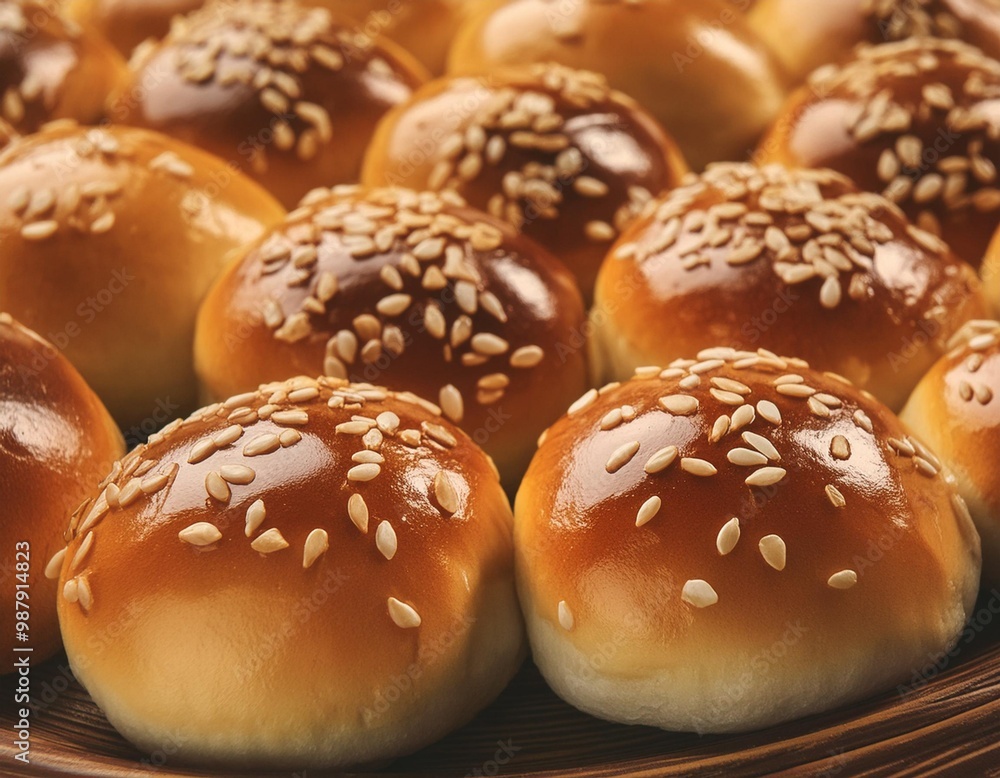 Homemade fresh bun-pastry with white sesame seeds on top Homemade fresh bun-pastry with white sesame seeds on top