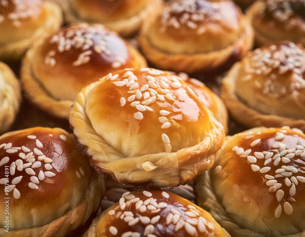 Homemade fresh bun-pastry with white sesame seeds on top Homemade fresh bun-pastry with white sesame seeds on top