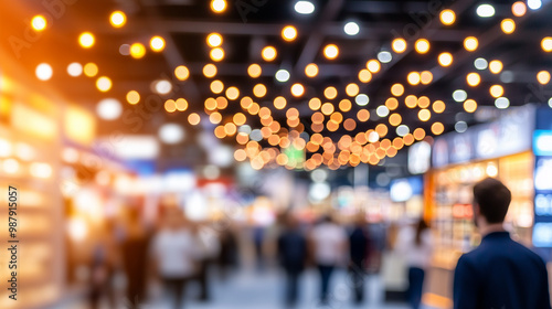 A blurred convention hall with a large audience gathered for a business event, where products are displayed on shelves in the background. The soft focus creates a sense of depth an