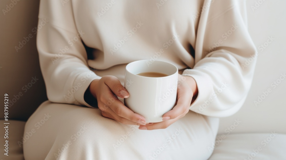 Woman in beige attire calmly holds a warm white mug, enjoying a serene moment. Woman in beige attire calmly holds a warm white mug, enjoying a serene moment.