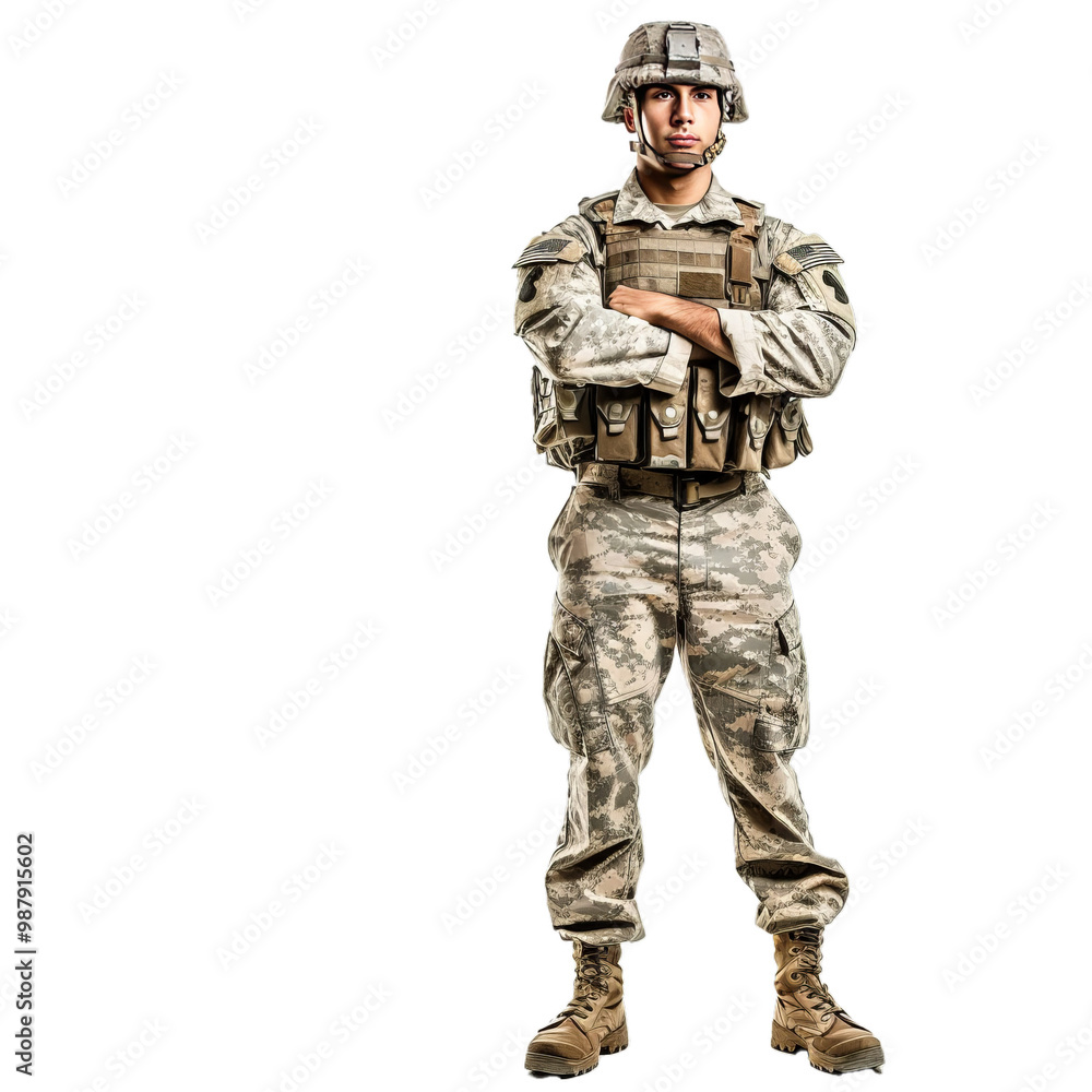 Us army soldier wearing combat uniform standing arms crossed on white background Us army soldier wearing combat uniform standing arms crossed on white background