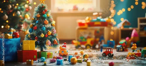 A children's playroom filled with colorful toys and a New Year tree