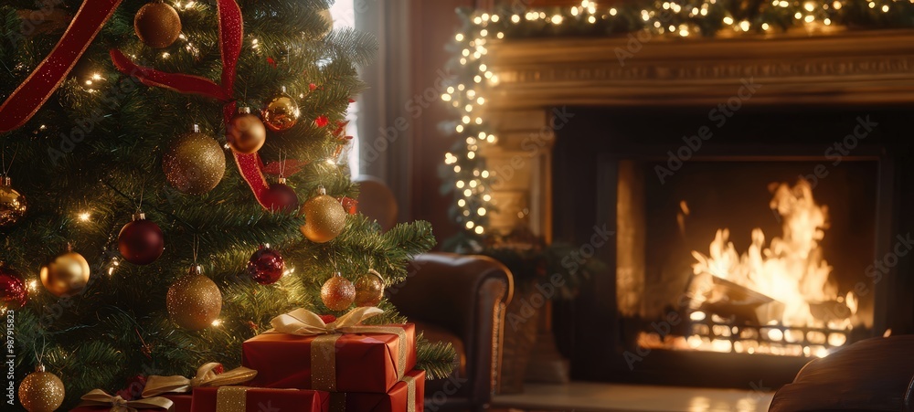 A cozy living room setting with a beautifully decorated New Year tree adorned with golden lights, red ribbons, and shimmering ornaments A cozy living room setting with a beautifully decorated New Year tree adorned with golden lights, red ribbons, and shimmering ornaments