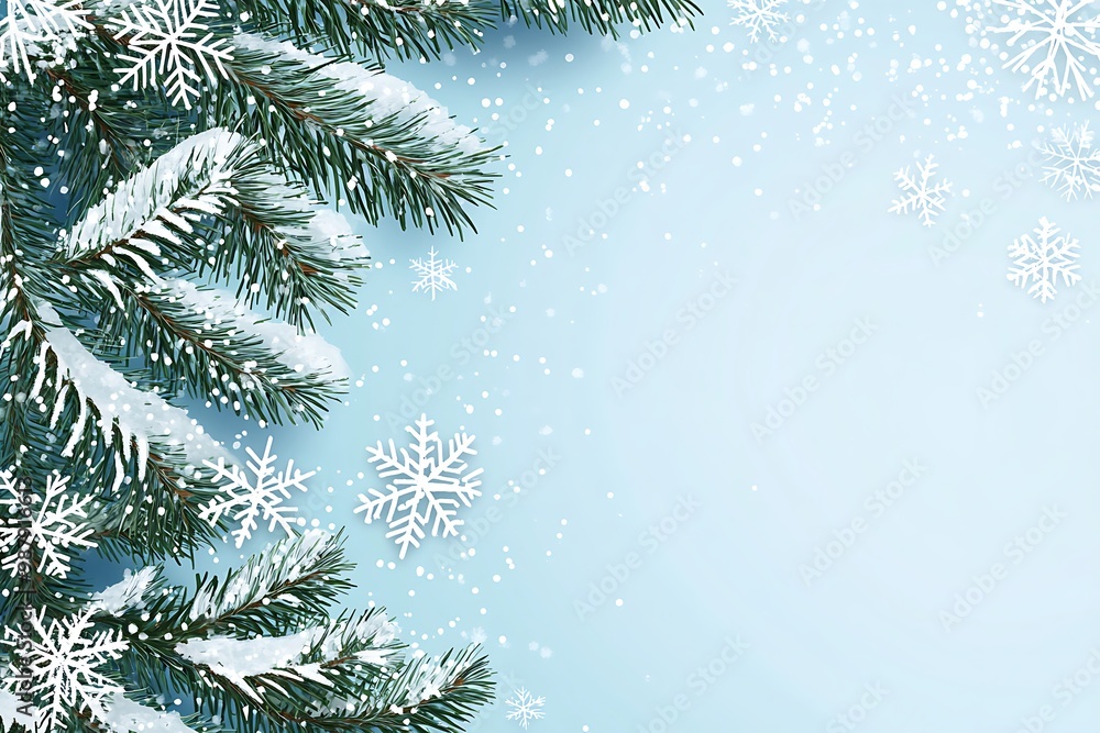 fir pine branches with cones on snowfall blue background with snowflakes, New Year or winter holiday concept, Christmas card with copy space, flat lay, top view, xmas banner fir pine branches with cones on snowfall blue background with snowflakes, New Year or winter holiday concept, Christmas card with copy space, flat lay, top view, xmas banner