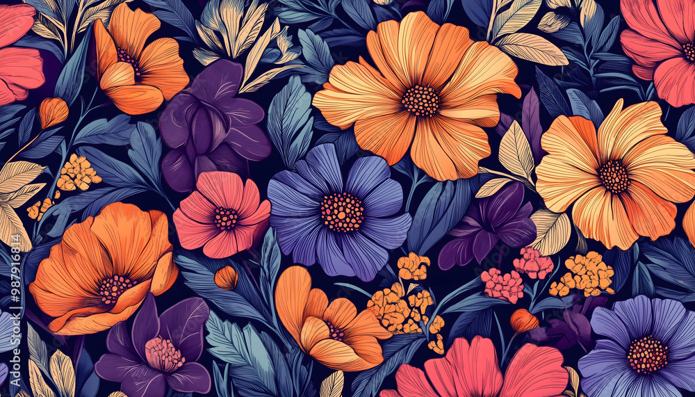 An illustration of a seamless and multicolored flower background An illustration of a seamless and multicolored flower background