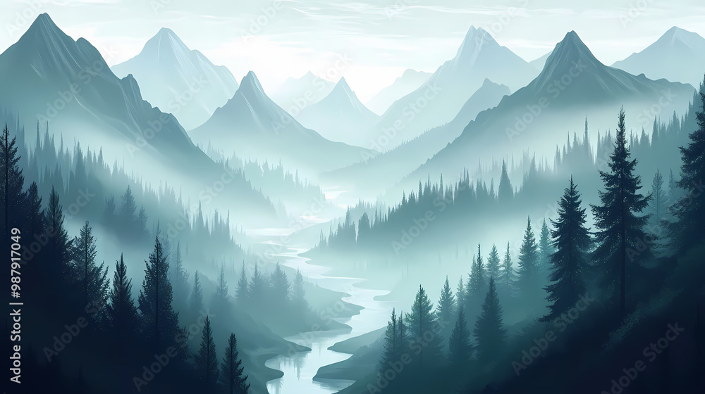 Misty forest landscape with mountain range and river. Winding River. Illustration Misty forest landscape with mountain range and river. Winding River. Illustration