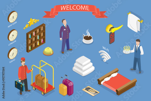 3D Isometric Flat Vector Illustration of Welcome Hotel Service, Inn Management Set