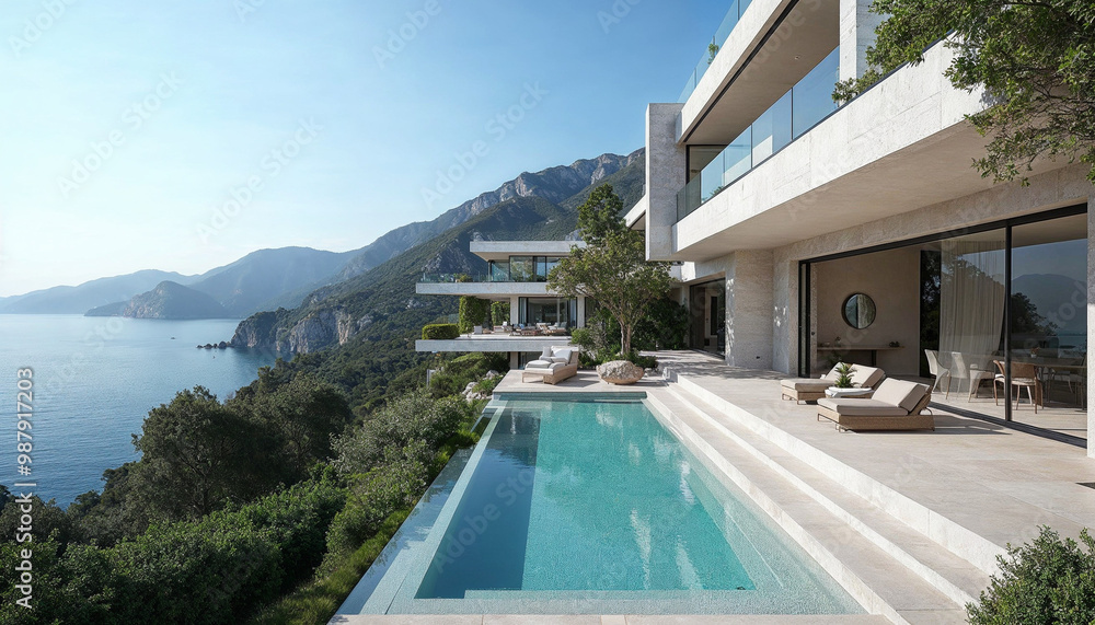 Fototapeta premium Luxurious mountain villa with panoramic sea views, infinity pool, and modern outdoor spaces.