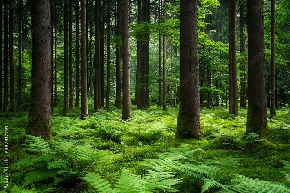 Obraz premium Sunlight streaming through dense green forest with ferns on the forest floor