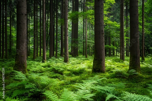 Sunlight streaming through dense green forest with ferns on the forest floor