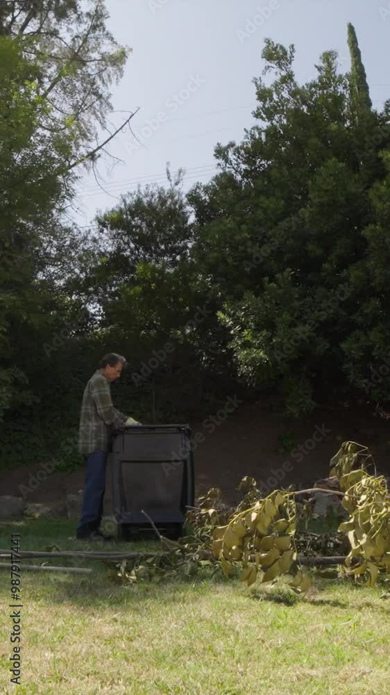 Man cutting up tree and putting it in recycle bin in backyard timelapse vertical video Man cutting up tree and putting it in recycle bin in backyard timelapse vertical video
