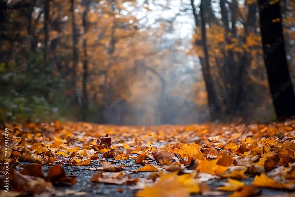 Autumn Leaves on Forest Path with Sunlight Shining Through Trees Autumn Leaves on Forest Path with Sunlight Shining Through Trees