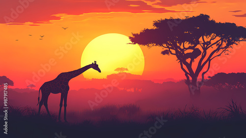 Giraffe in african savannah at sunset. Savannah Sunset. Illustration