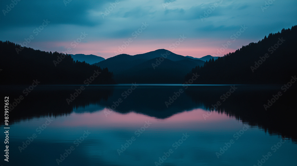 Twilight over serene lake with mountains and pink sky reflections, tranquil nature Twilight over serene lake with mountains and pink sky reflections, tranquil nature