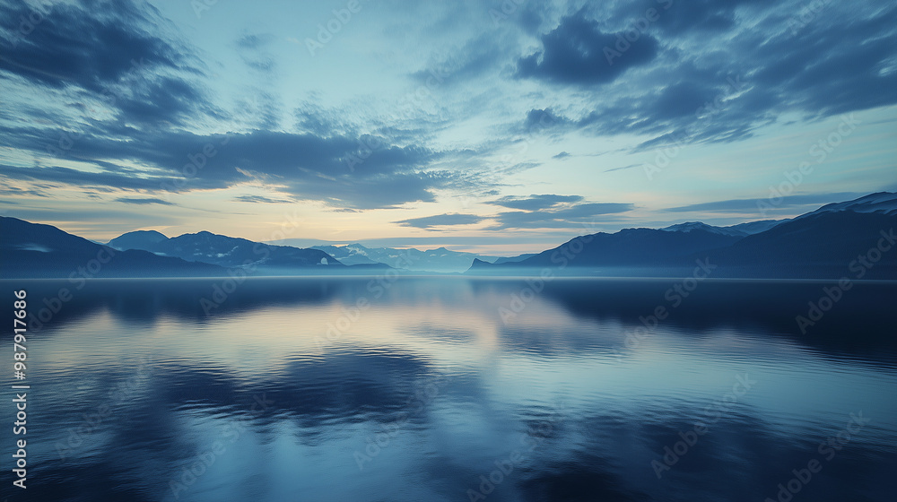 Obraz premium Calm lake at dawn with misty mountains and reflections in soft blue light, peaceful nature