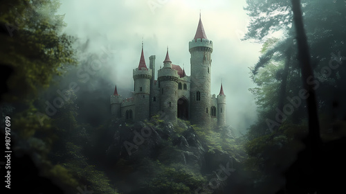 Hidden fairy tale castle in misty forest with towers. Magical Realm. Illustration