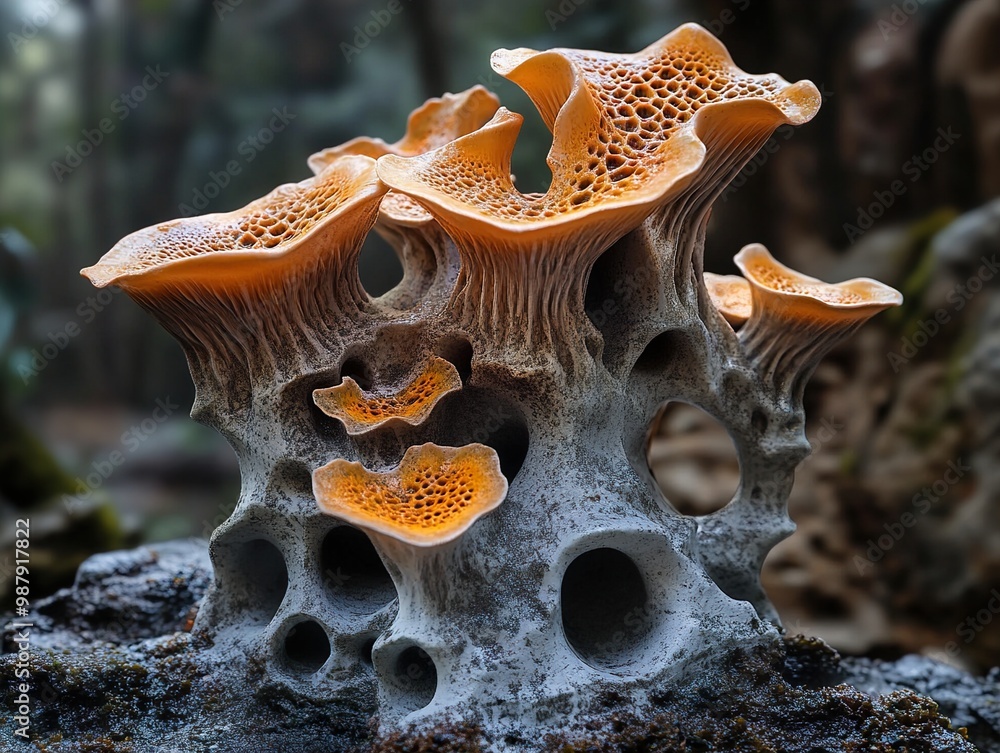 Intricate Orange Mushroom in a Forest Setting Intricate Orange Mushroom in a Forest Setting