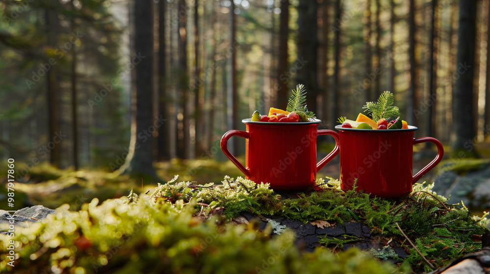 Enamel camping mugs filled with campfire vegetable soup. Forest clearing backdrop. with space for text Enamel camping mugs filled with campfire vegetable soup. Forest clearing backdrop. with space for text