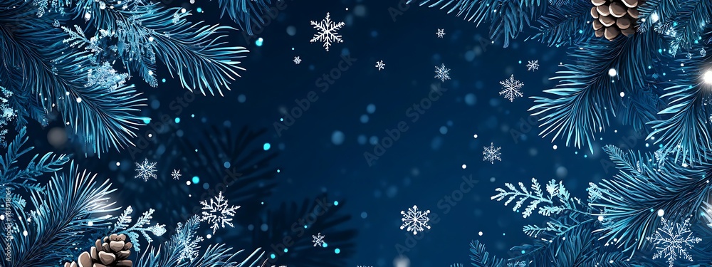 Fototapeta premium snowflakes and pine branches, blue white color scheme, winter christmas background, illustration fluid flat design, new year holiday concept, snow wallpaper, snowy banner