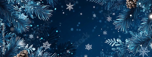 snowflakes and pine branches, blue white color scheme, winter christmas background, illustration fluid flat design, new year holiday concept, snow wallpaper, snowy banner