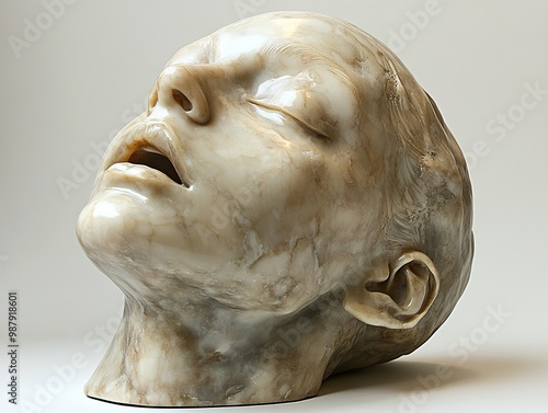 Marble Sculpture of a Human Head with Eyes Closed and Mouth Open photo