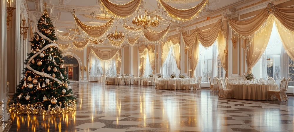 Obraz premium An elegant ballroom with a New Year tree as the centerpiece