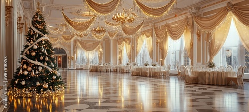 An elegant ballroom with a New Year tree as the centerpiece