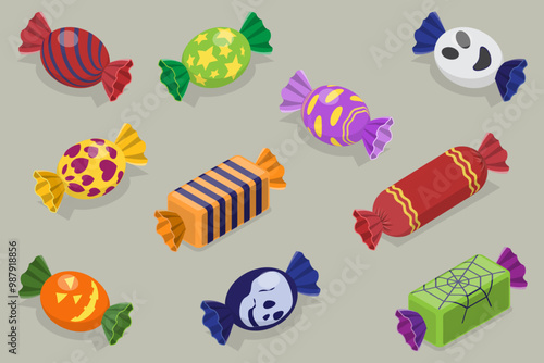 3D Isometric Flat Vector Set of Candy In Different Wrappers, Halloween Sweet Treats