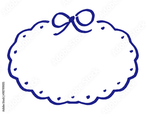 手描きの楕円形フレーム　ガーリーなリボンとレース　青