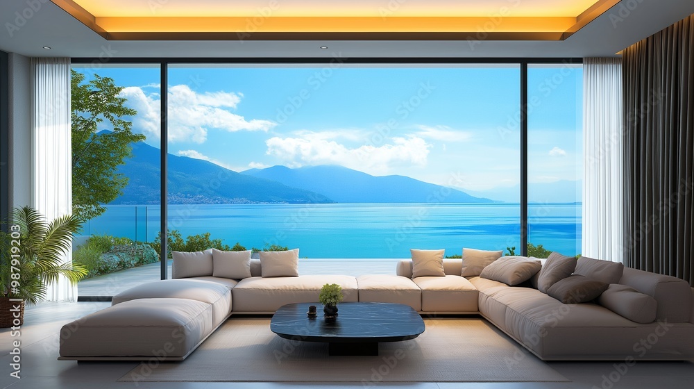 Fototapeta premium Interior with large window sea view