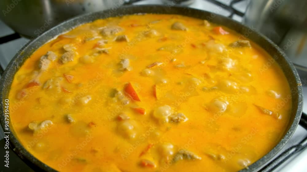 Cooking boiling meat pork goulash with vegetables in creamy sauce in frying pan on kitchen. Culinary techniques, homemade preparing healthy meal, cook domestic food meat dish, cuisine, seasoning. Cooking boiling meat pork goulash with vegetables in creamy sauce in frying pan on kitchen. Culinary techniques, homemade preparing healthy meal, cook domestic food meat dish, cuisine, seasoning.