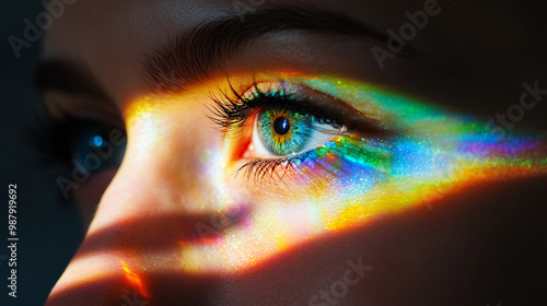 Eyes. Human eyes as prisms refracting light. Dark background. Perception and reality. Ethical implications of visual manipulation. 