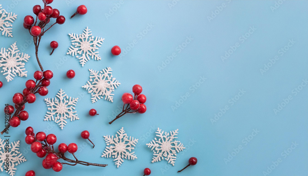 Flat lay light table top view over with Christmas holiday ornament decoration with copy space, branches with berry and wooden snowflakes. Christmas and New Year background