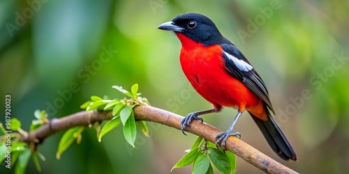 Stunning Crimson Breasted Gonolek Perched on a Branch in Vibrant Green Natural Habitat Scene