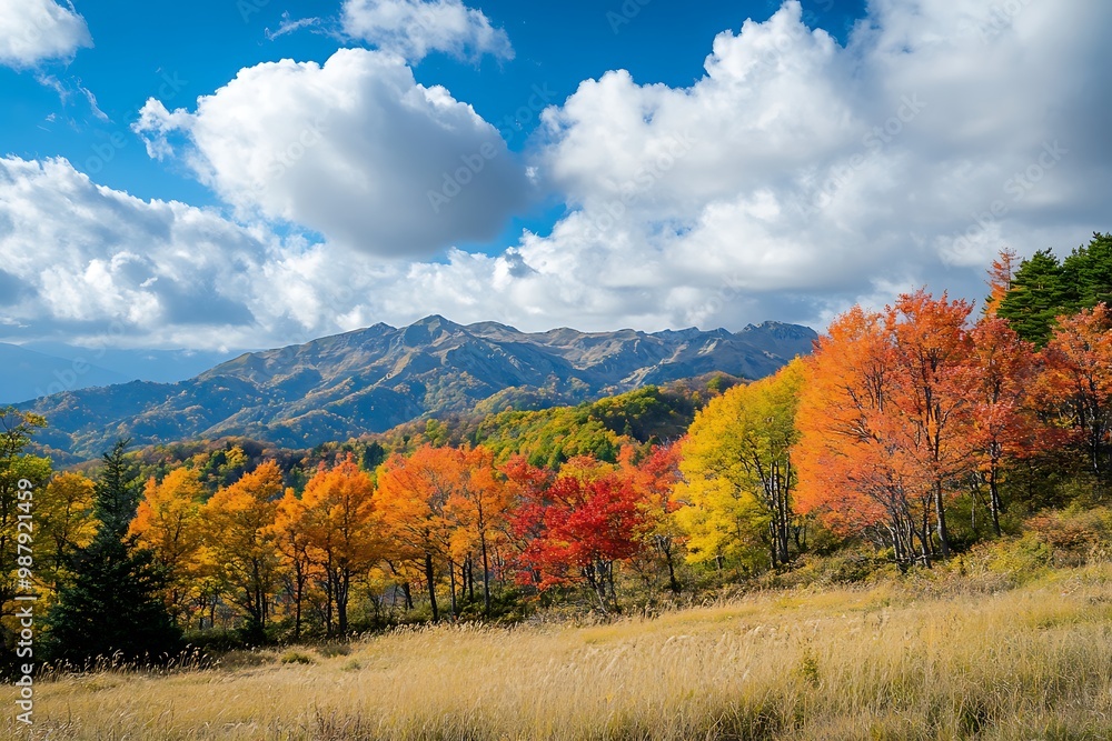 Vibrant Fall Foliage in a Mountain Landscape with Blue Skies and Fluffy Clouds Vibrant Fall Foliage in a Mountain Landscape with Blue Skies and Fluffy Clouds