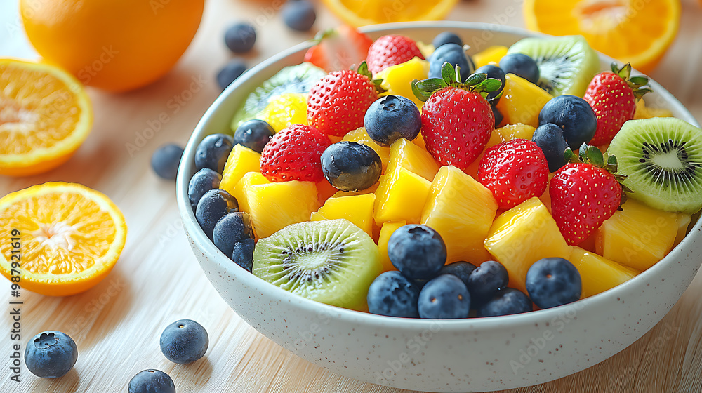 Inviting 8K Photograph of Vibrant Fruit Salad with Seasonal Strawberries, Blueberries, Kiwi, and Oranges Inviting 8K Photograph of Vibrant Fruit Salad with Seasonal Strawberries, Blueberries, Kiwi, and Oranges