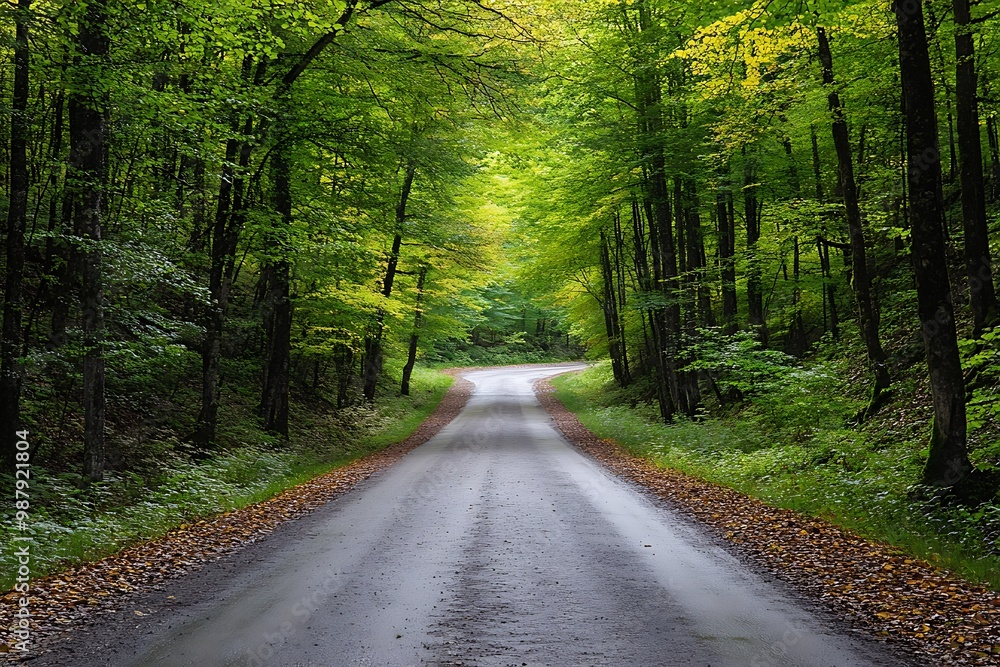 Naklejka premium Empty dirt road through a green forest with sunlight coming through the trees. Concept of travel, adventure, and nature